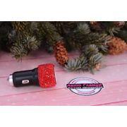 Зарядное устройство автомобильное, два выхода (красные стразы)