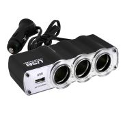 Разветвитель прикуривателя 3 гнезда + USB 1А черный предохранитель 5А SKYWAY (S02301007)